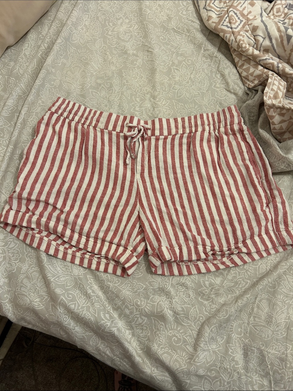 Old Navy Red and White Striped High-Waist Drawstring Shorts